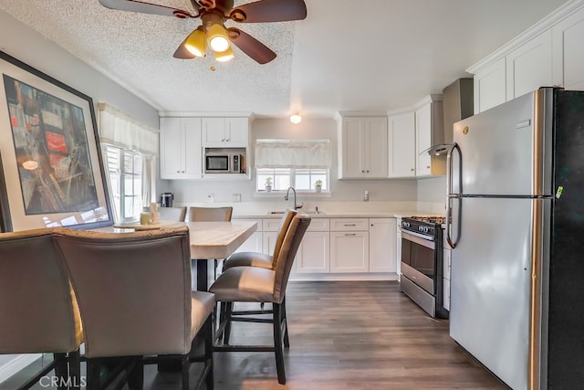 kitchen with a textured ceiling, white cabinets, wall chimney exhaust hood, stainless steel appliances, and sink