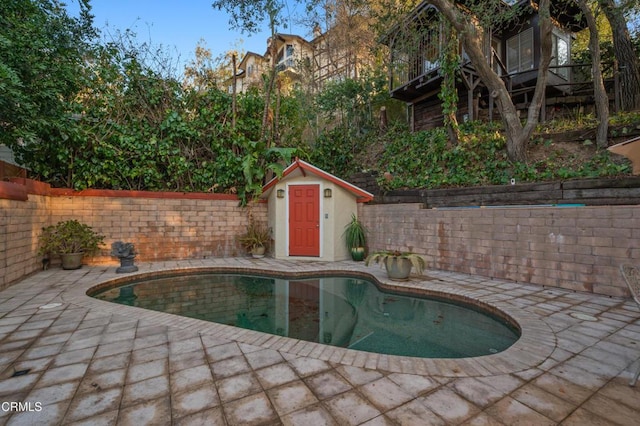 view of pool with an outdoor structure and a patio