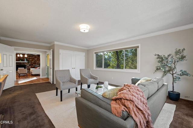 carpeted living room with a brick fireplace and crown molding