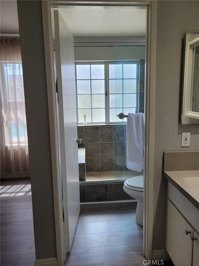 bathroom featuring hardwood / wood-style floors, a wealth of natural light, and vanity