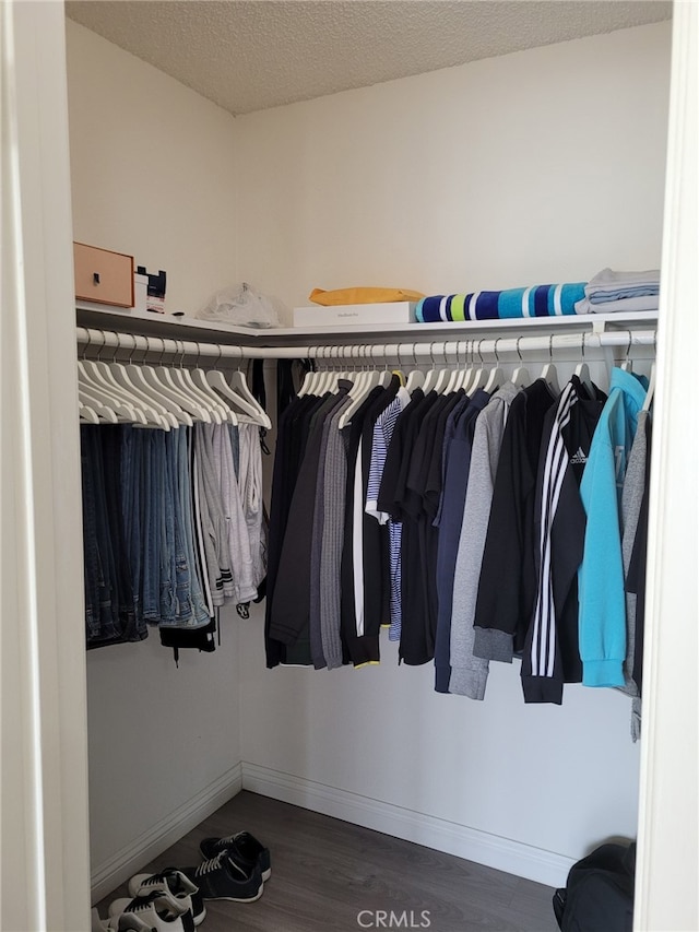 walk in closet with dark hardwood / wood-style floors