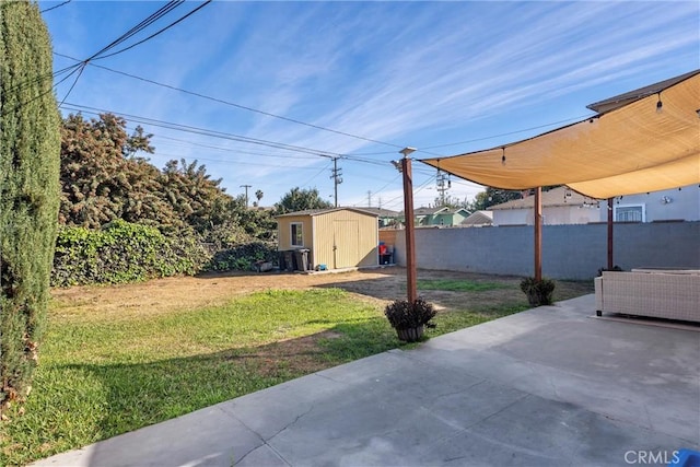 view of yard featuring a patio area and a storage shed