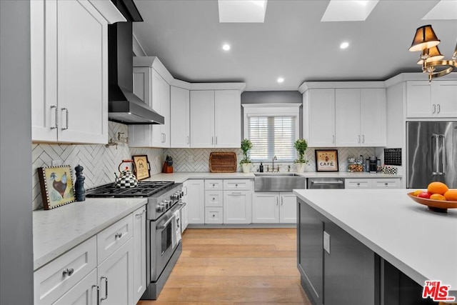 kitchen with high end appliances, white cabinetry, sink, backsplash, and wall chimney exhaust hood