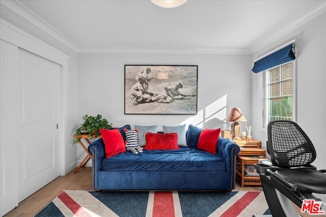 living room with ornamental molding and wood-type flooring