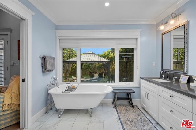 bathroom featuring a bathtub, a healthy amount of sunlight, and crown molding