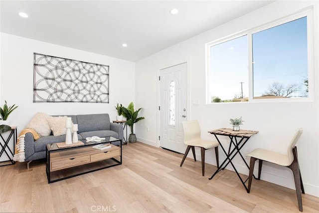 living room with a healthy amount of sunlight and light hardwood / wood-style floors