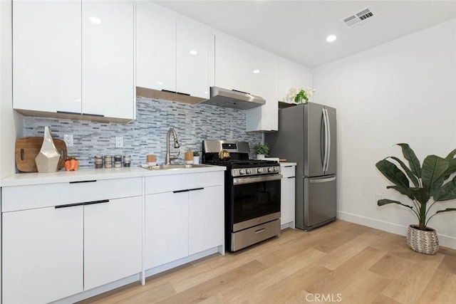 kitchen featuring light hardwood / wood-style flooring, appliances with stainless steel finishes, sink, tasteful backsplash, and white cabinetry