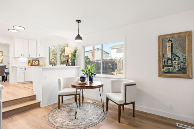 living area with sink and light hardwood / wood-style flooring