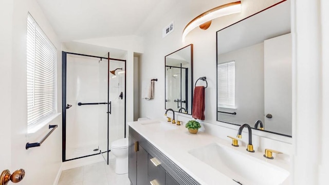 bathroom featuring vanity, toilet, a wealth of natural light, and lofted ceiling