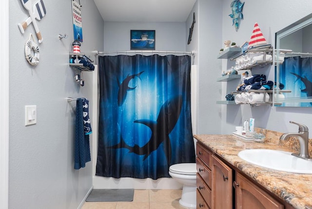 bathroom featuring vanity, toilet, tile patterned floors, and a shower with shower curtain