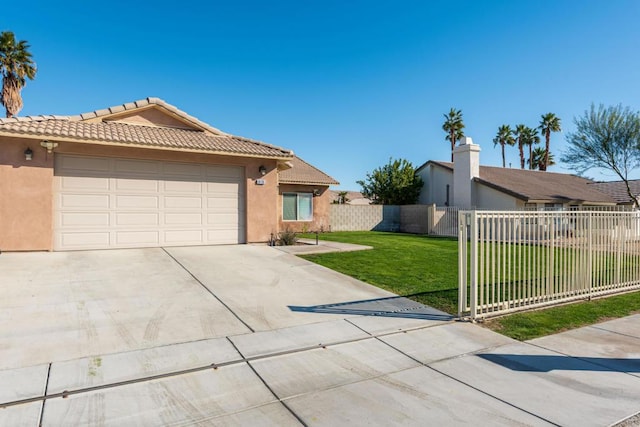 ranch-style house with a front yard and a garage