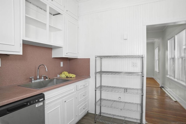 kitchen with sink, white cabinetry, stainless steel dishwasher, and dark hardwood / wood-style flooring