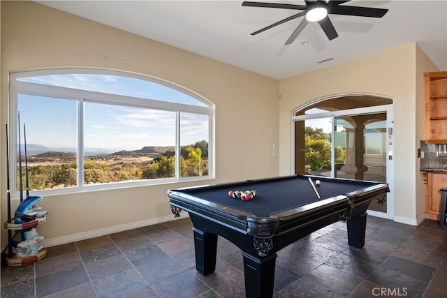 recreation room with a mountain view, pool table, and ceiling fan