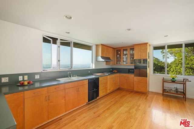 kitchen with sink, oven, and light hardwood / wood-style floors