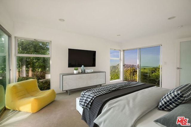 bedroom featuring access to outside and light carpet