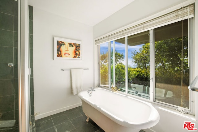 bathroom with a tub, plenty of natural light, and tile patterned flooring