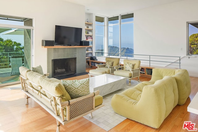 living room featuring hardwood / wood-style flooring and a fireplace