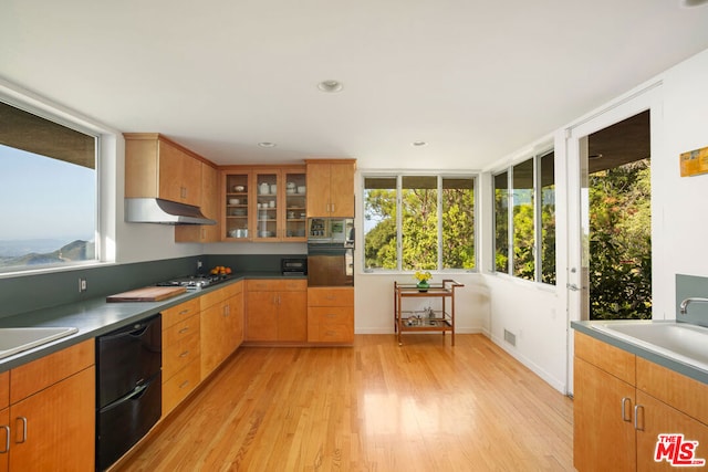 kitchen featuring sink, light wood-type flooring, stainless steel gas stovetop, and black oven