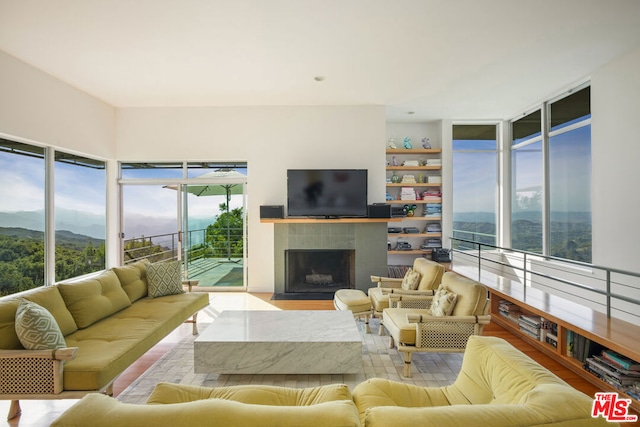 living room featuring a mountain view, a tiled fireplace, and light wood-type flooring