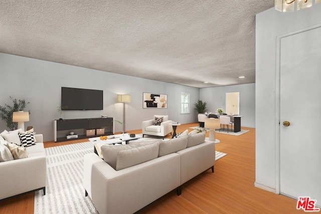 living room with hardwood / wood-style floors and a textured ceiling