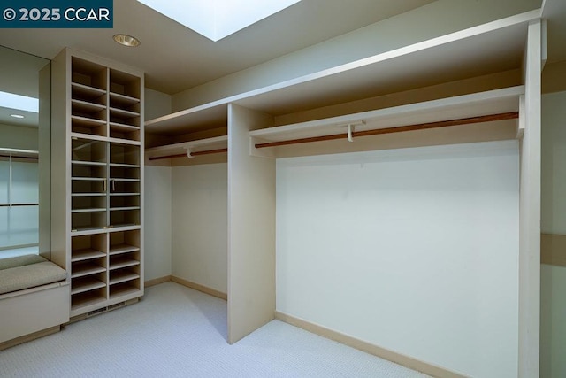 spacious closet with a skylight and light carpet