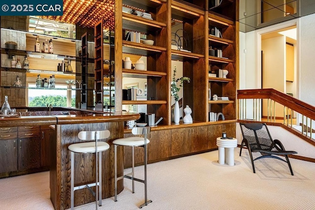 bar featuring light carpet, built in shelves, and dark brown cabinetry