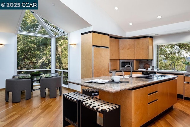 kitchen featuring light stone counters, stainless steel microwave, light hardwood / wood-style flooring, and an island with sink