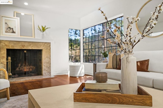 living room featuring hardwood / wood-style flooring and a high end fireplace