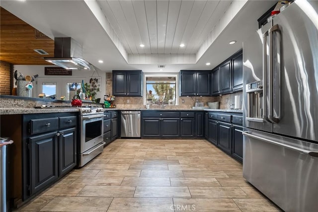 kitchen with sink, ventilation hood, a raised ceiling, backsplash, and stainless steel appliances