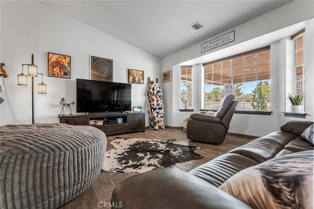 living room with hardwood / wood-style flooring and vaulted ceiling