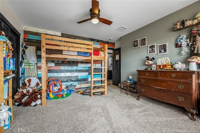 carpeted bedroom featuring ceiling fan