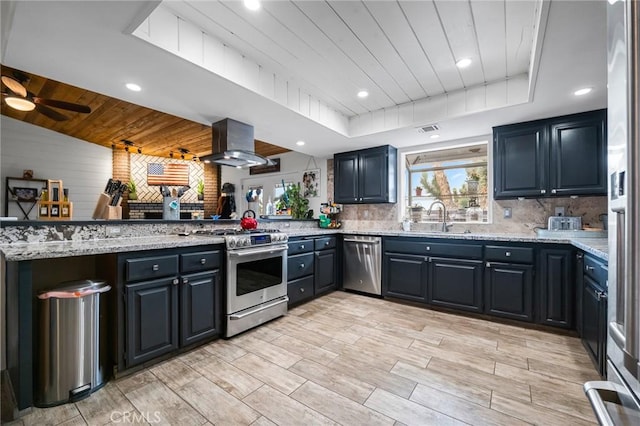 kitchen featuring plenty of natural light, a raised ceiling, stainless steel appliances, and wall chimney exhaust hood