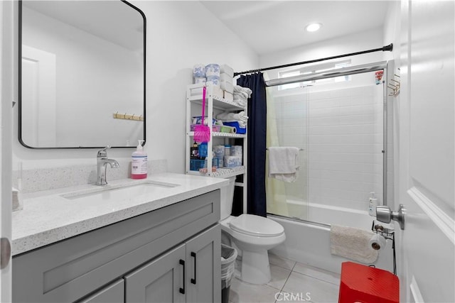 full bathroom with vanity, toilet, tile patterned floors, and shower / tub combo with curtain