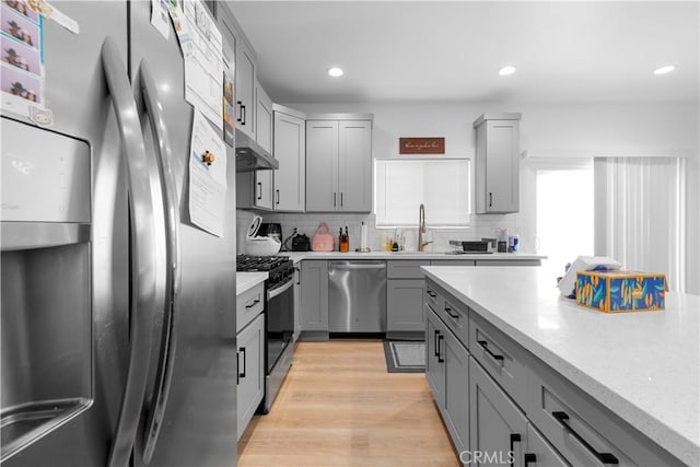 kitchen with sink, stainless steel appliances, gray cabinetry, and backsplash