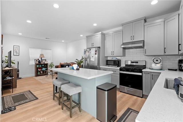 kitchen with light hardwood / wood-style flooring, a center island, a breakfast bar, decorative backsplash, and stainless steel appliances