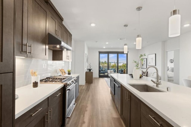 kitchen with appliances with stainless steel finishes, sink, decorative backsplash, hanging light fixtures, and light hardwood / wood-style floors