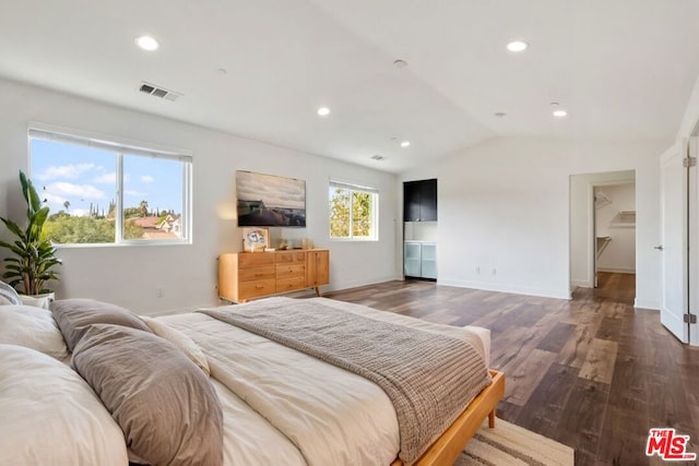 bedroom with multiple windows, lofted ceiling, and dark hardwood / wood-style floors