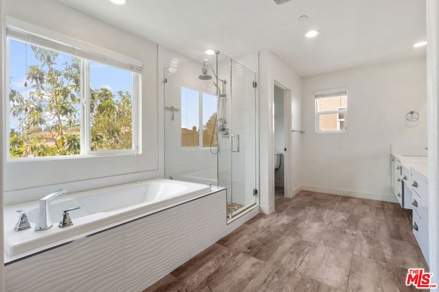 bathroom with vanity and independent shower and bath