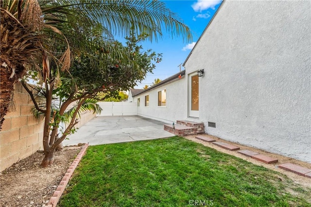 view of yard with a fenced backyard, entry steps, and a patio