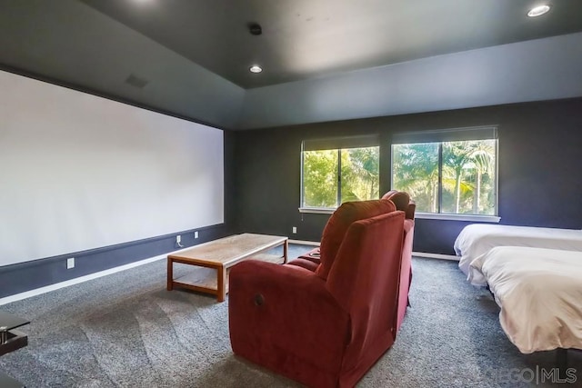 home theater room with carpet and lofted ceiling