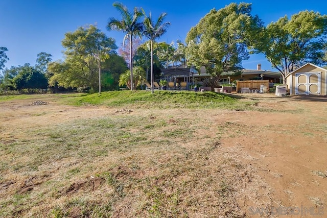 view of yard with a storage shed