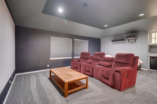 carpeted cinema with a raised ceiling