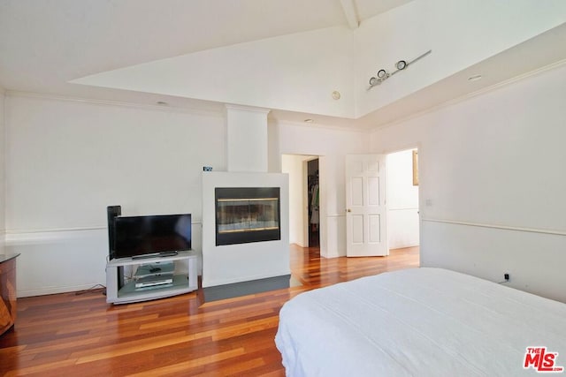 bedroom with hardwood / wood-style flooring, a spacious closet, and high vaulted ceiling