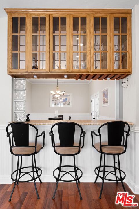 bar with dark wood-type flooring