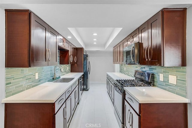 kitchen featuring decorative backsplash, sink, a raised ceiling, and stainless steel appliances