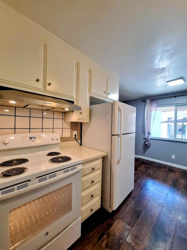 kitchen featuring dark hardwood / wood-style flooring, exhaust hood, white cabinets, and white appliances