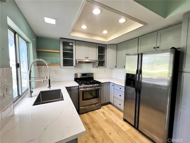 kitchen with sink, a tray ceiling, stainless steel appliances, light stone countertops, and light wood-type flooring