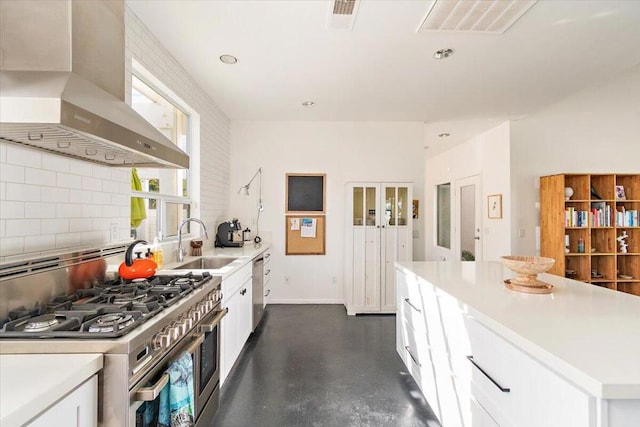 kitchen with sink, white cabinets, tasteful backsplash, island exhaust hood, and stainless steel appliances