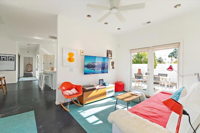 living room featuring ceiling fan