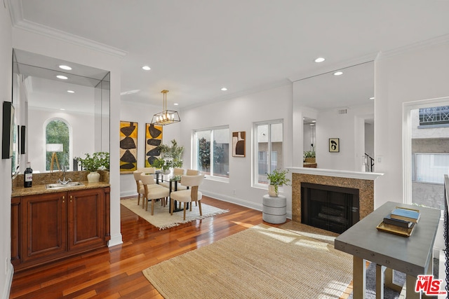 living room featuring sink, dark hardwood / wood-style floors, and ornamental molding